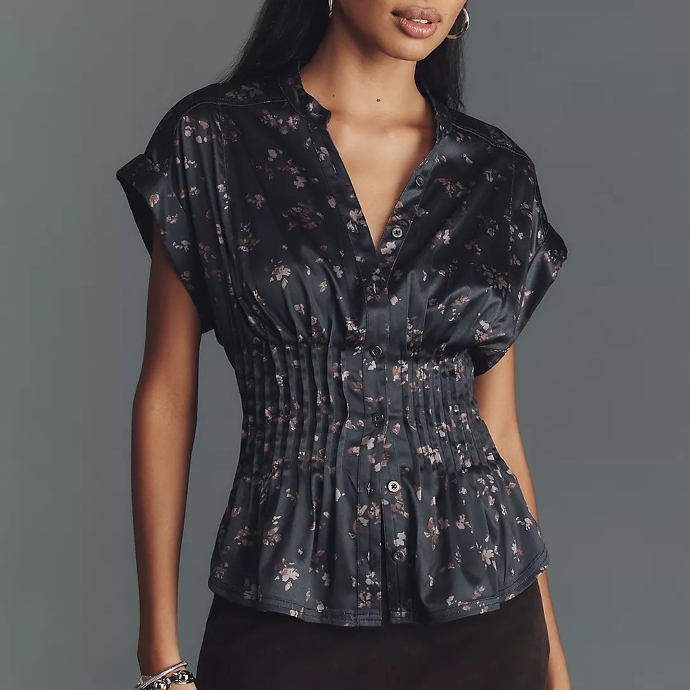 NWT Anthropologie Pilcro Linden Silken Blouse Floral Black Top- size XL